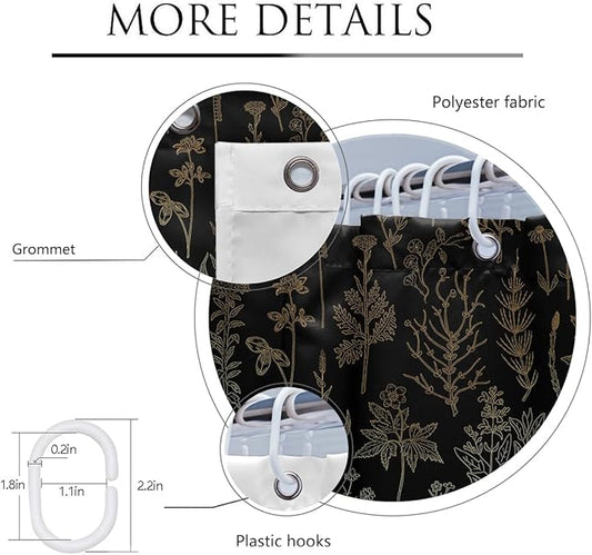 Coxila Vintage Floral Shower Curtain Black and Gold Boho Gothic Flower Aesthetic Whimsical Goth Moody Dark Botanical Witchy Nature Art Cottagecore Bathroom 60 x 72 Inch Polyester Fabric 12 Pack Hooks