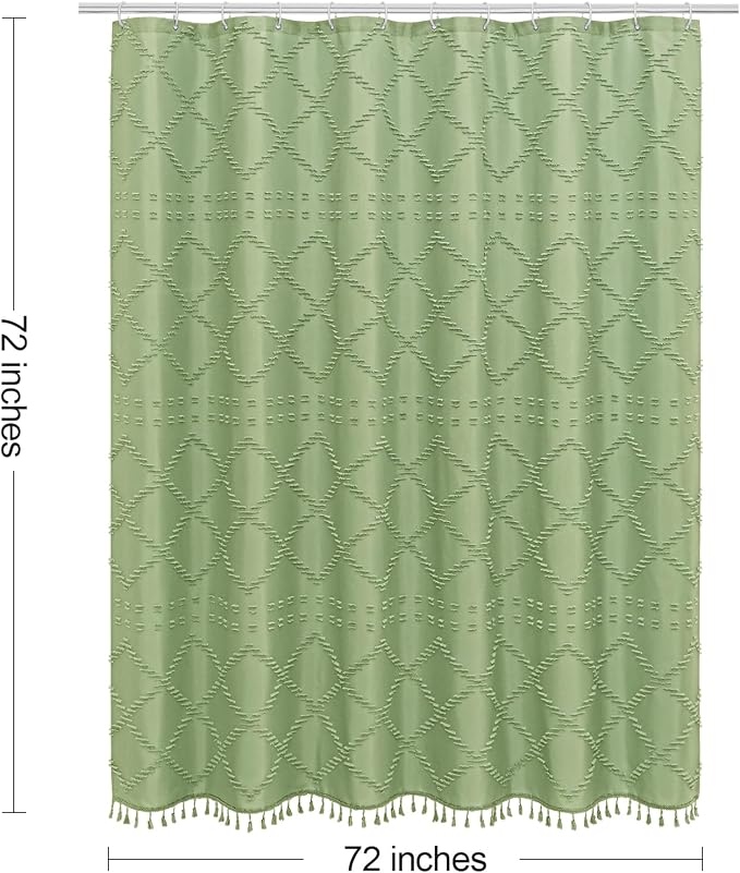 Sage Boho Woven Fabric Shower Curtain with Tassel 72 x 72, Tufted Textured | Modern Farmhouse Curtain for Bathroom, Standard Bathroom Curtain, Minimalist Decor, Waterproof