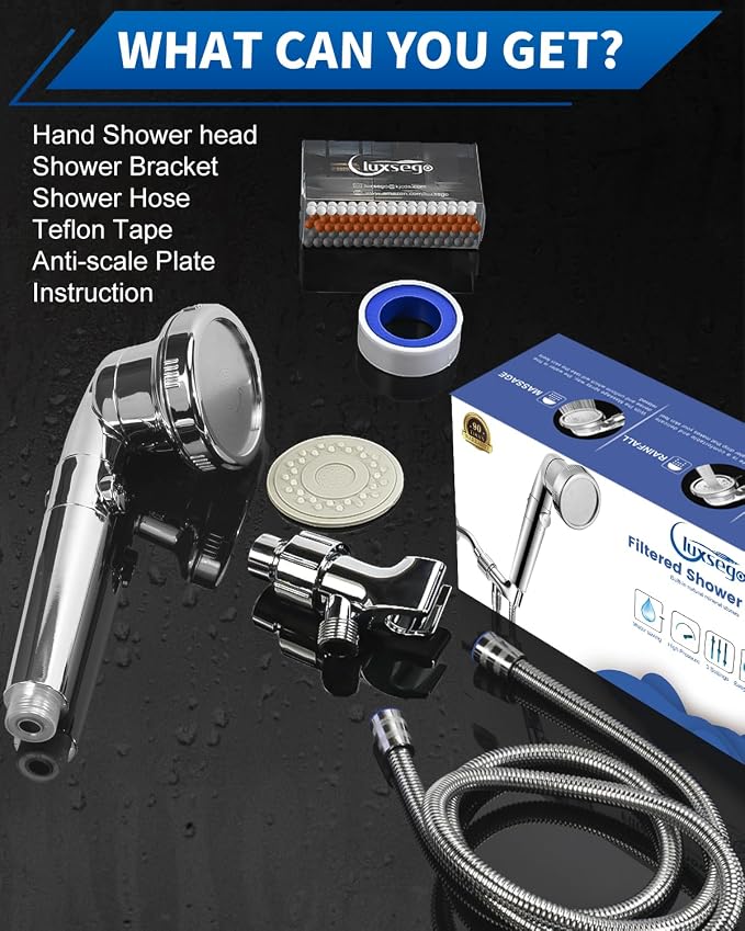 Filtered Shower Head for Hard Water with Stop, High Pressure 4-Mode Shower Heads Built-in Power Spray to Clean Corner, Tub & Pets, Water Softener Handheld Shower to Remove Chlorine & Fluoride | 4 Modes Shower with Handheld Spray, Water Softener, with M...