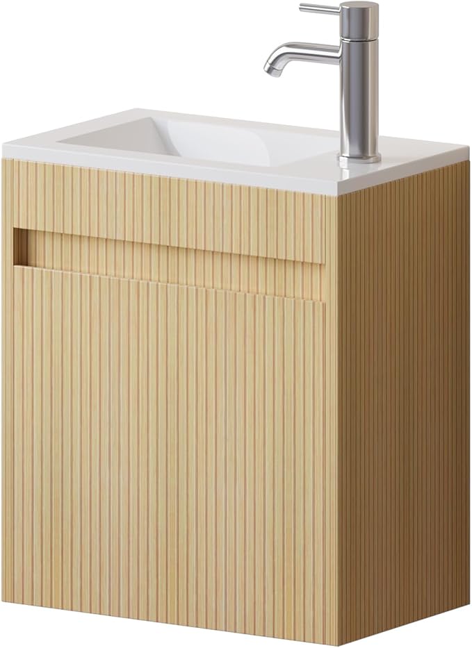 wonline 16" Small Floating Bathroom Vanity Sink Combo, Wall Mounted Narrow Single Cabinet with Resin Basin Sink Top, Water Saving Chrome Faucet & Pop-Up Drain
