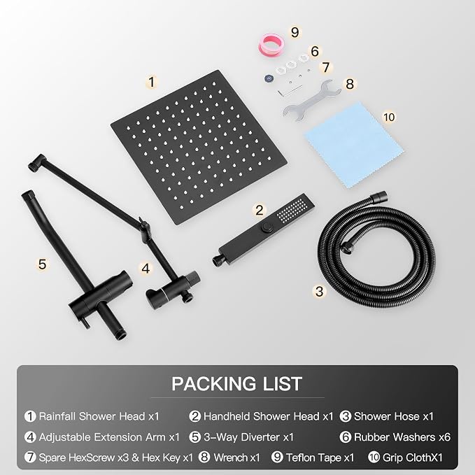 All Metal 12" Shower Head with Handheld, Built-in Power Jet Mode | Luxurious, Square, Rain Shower Heads with Spray Combo Set, High Pressure, Dual, Rainfall, with Extension Arm, Matte Black