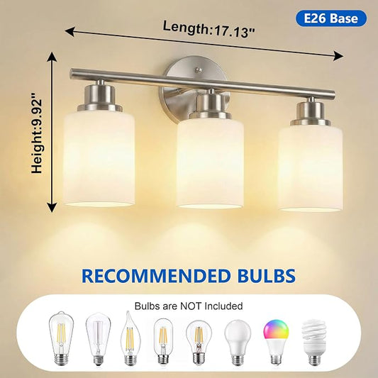 3 Light Bathroom Light Fixtures, Modern Vanity Lights with Milky Glass Shade, Brushed Nickel Wall Lamp Over Mirror for Bathroom, Living Room, Cabinet, Bedroom, E26 Base
