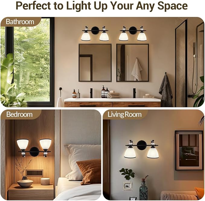 Bathroom Lighting Fixtures Over Mirror, 2-Light Matte Black Vanity Light with Frosted Glass, Anti-Rust Metal Framed Bathroom Wall Lamp Sconces for Mirror Bedroom, Living Room Hallway