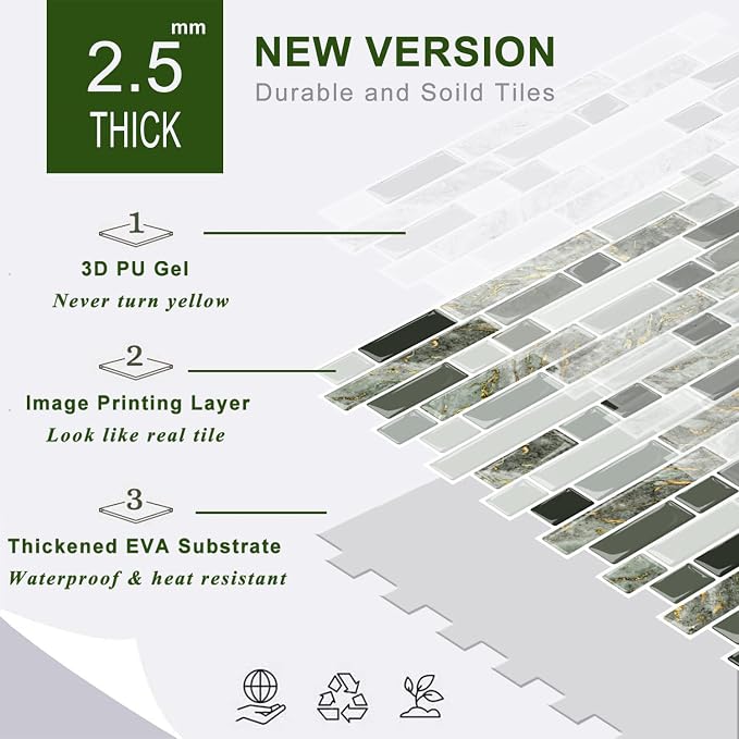 STICKGOO Thicker Design Peel and Stick Tile Backsplash, 12”×12”Stick on Backsplash for Kitchen, Self Adhesive Tile for Kitchen Backsplash and Bathroom(10 Sheets, Mixed Green)