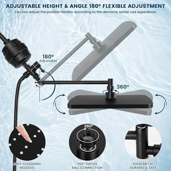 Shower Head with Handheld,High Pressure Black Filtered Shower Head | Rainfall Shower Head,11.8" Rectangular,Rain Shower Head,Dual Shower Head,Bathroom Decor,Metal Extension Arm,5 Spray Mode