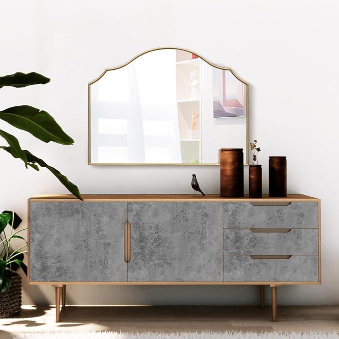 Besdomus Gold Wooden Vanity Mirror: 32"x24" Bathroom Mirrors for Over Sink | Scalloped Modern Minimalist Decorative Wall Mirror for Dresser/Mantel/Bedroom/Entryway/Fireplace/Nightstand/Dining Room