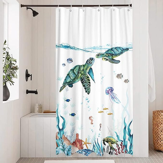 Fowocu Sea Turtle Stall Shower Curtain Teal Blue Ocean Waterproof Fabric Shower Curtains for Bathroom with Funny Animal Octopus Starfish Anchor Fish Nautical Bath Curtain Decor (Teal, 36''×72'')
