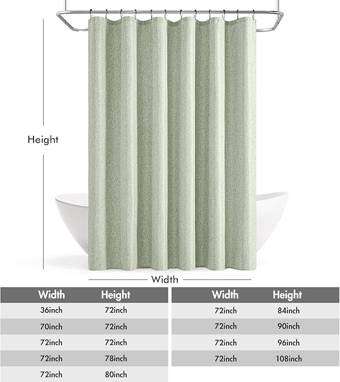 ANRODUO Sage Green Linen Textured Fabric Shower Curtain Set - W70xL72 | Farmhouse Shower Curtain with 12 Metal Hooks, Waterproof Heavy Duty, Button Hole Design, Machine Washable for Bathroom
