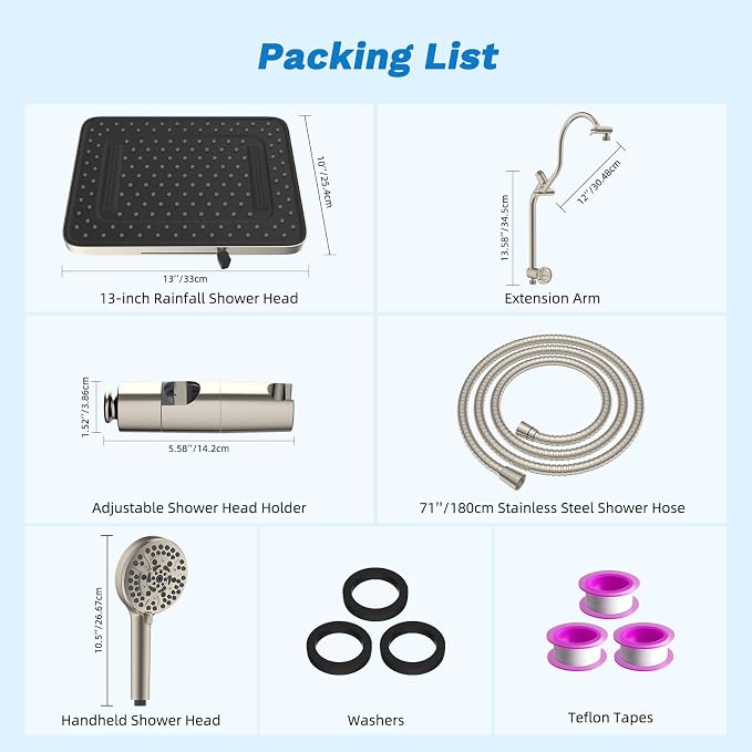 Hibbent cUPC Certified High Pressue 13'' Rainfall Shower Head with 5-Spray | Shower Heads with Handheld 10-Spray Combo, All Metal Easy Reach 4-way Diverter Arm, 71'' Hose & Holder, Brushed Nickel