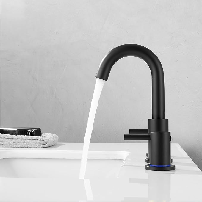 Black Bathroom Faucets 3 Hole, Matte Black Bathroom Faucet with Pop up Drain, Stainless Steel 2 Handle 8 Inch Widespread Vanity Faucet for Bathroom Sink, AML-21754-BK
