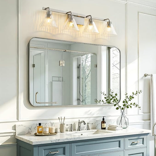 Brushed Nickel Bathroom Lighting Fixtures 4-Light Vanity Light Modern Bathroom Lights over Mirror with Ribbed Glass Shade 34 Inch Bathroom Vanity Lighting Fixtures for Bedroom Living Room Hallway