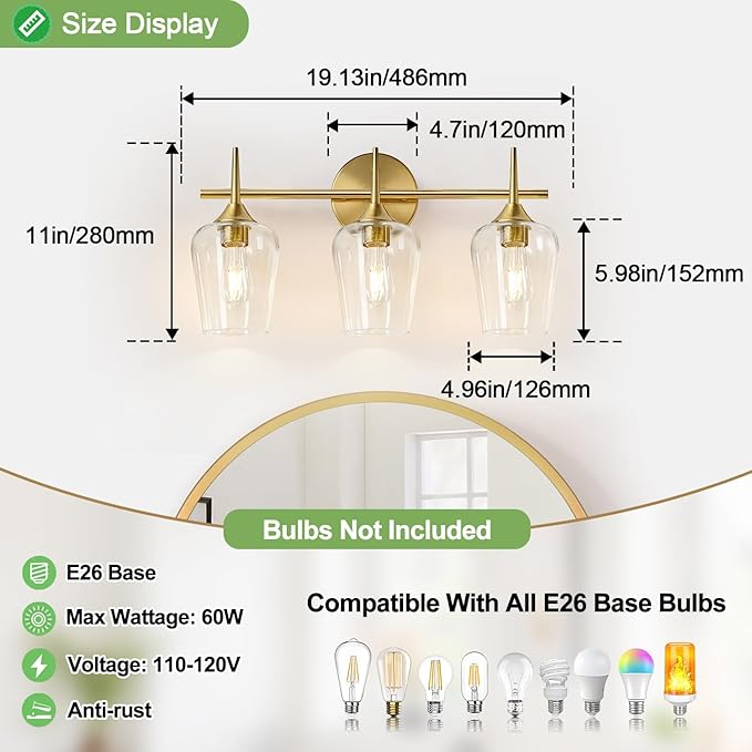 3-Light Bathroom Light Fixtures, 19.5 Inch Brushed Gold Vanity Lights with Wine-Glass Shape, Bathroom Lights Over Mirror, Modern Wall Lamps for Bedroom Living Room Hallway