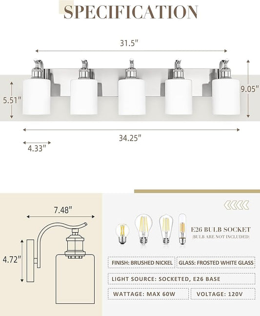 5 Light Bathroom Vanity Light, Brushed Nickel Vanity Lights for Morden Bathroom Lighting Fixtures Over Mirror Wall Light Fixtures with Milky White Frosted Shade ZCVL01BNW-5