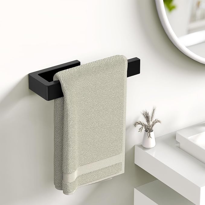 HUFEEOH Hand Towel Holder, Stainless Steel Bathroom Towel Holder Towel Bar, Matte Black Dish Towel Hanger Wall Mount Kitchen Towel Rack Heavy Duty Hand Towel Racks for Bathroom