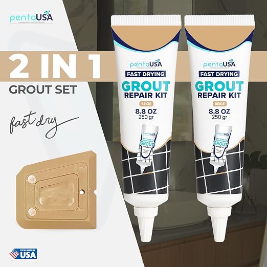 Premixed Tile Grout Repair - Warm Beige 2-Pack (17.6oz/500g) | Acrylic sanded formula, for bathroom shower kitchen tile, water-resistant, 24-hour cure, 58 sq ft, value 2-pack