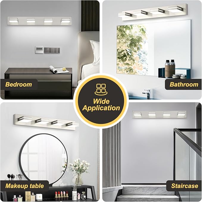 4 Light Bathroom Vanity Light Brushed Nickel Modern 32W LED Dimmable Vanity Light Over Mirror 350° Adjustable Lamp Head Cold White 6000K ETL Listed 30Inch
