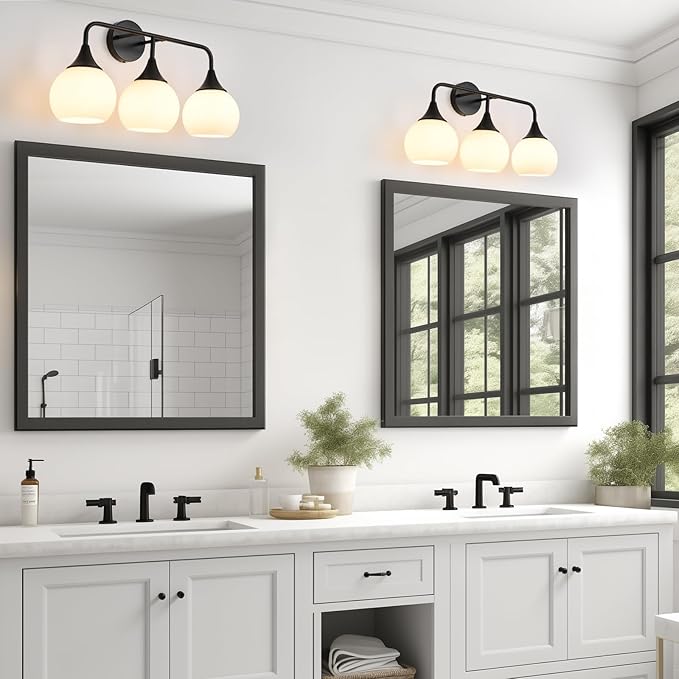 Mid Century Matte Black Bathroom Vanity Lights 3-Light Bathroom Lighting Fixtures Over Mirror with Milk White Glass Shade Modern Wall Sconce Lighting Bath Vanity Lights (Exclude E26 Bulb)