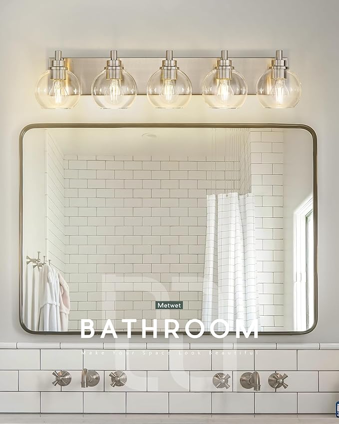 5-Light Brushed Nickel Bathroom Vanity Light, Clear Glass Globes | 32" modern bathroom light fixtures over mirror, E26 base, bulbs not included, VL195-BN-CL-5