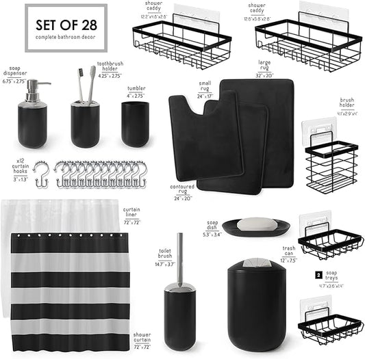 Clara Clark Bathroom Accessories Set - 28PC Bathroom Set with Adhesive Corner Shower Caddy Hanging, Bathroom Sets with Shower Curtain and Rugs, Black Shower Curtain Set with Bathroom Trash Can