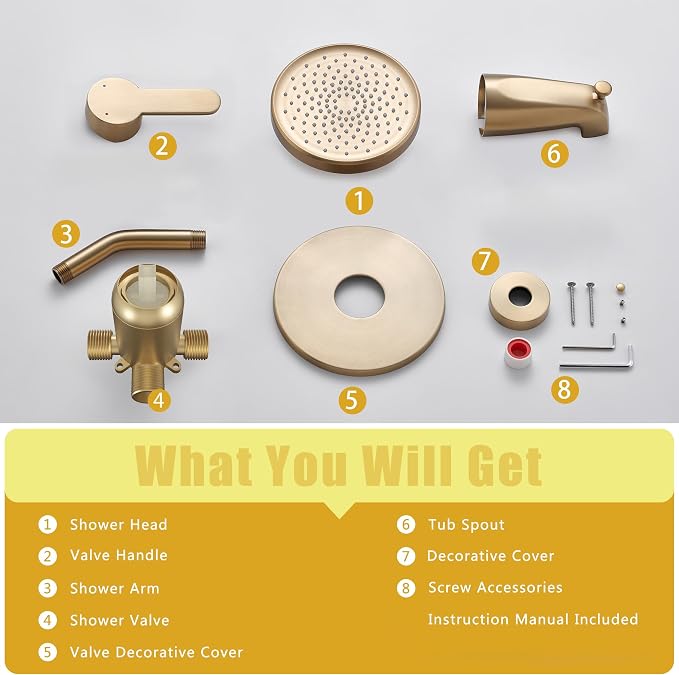 Tohlar Brushed Gold Shower Faucet Set with Tub Spout Bathtub Shower Combo | Bathtub and Shower Faucet Combo Kit, 6-Inch Rain Shower Head and Faucet Set with Valve