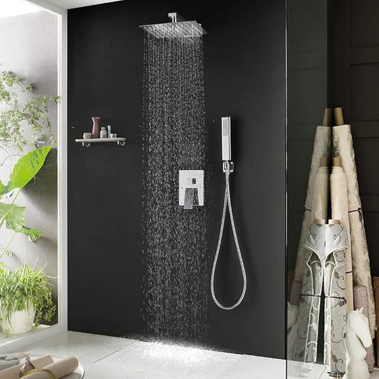 Iriber Chrome Shower System 10 Inch High Pressure Rainfall Shower Head and Shower Faucet Combo Set