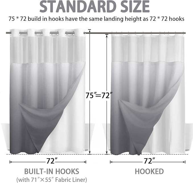 No Hook Shower Curtain with Liner Set Hotel Waffle Ombre Grey 72W X 75L | Washable Snap in Fabric Liner, Mesh Top Window, Waffle Hotel Style Shower Curtain Set