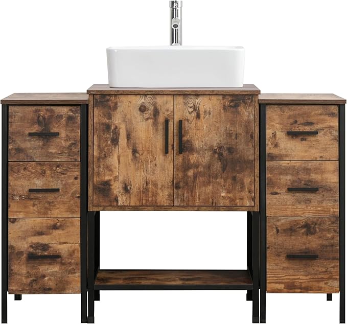 UEV 48" Antique Bathroom Vanity, Dark Brown Bathroom Vanity Set with Sink and 3 Drawers Side Cabinet Combo, Iron Wood Bathroom Cabinet with Adjustable Water Temperature Faucet (T03)