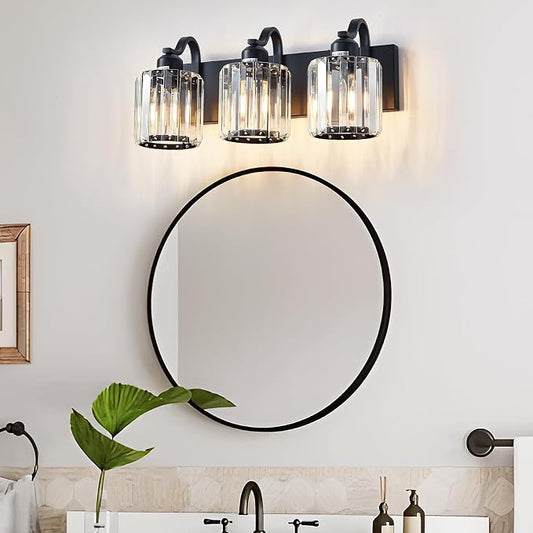 Modern 3-Lights Black Bathroom Vanity Light, Crystal Bathroom Lights Over Mirror, Modern Wall Lighting Fixtures with Crystal Round Shade (Exclude Bulb)