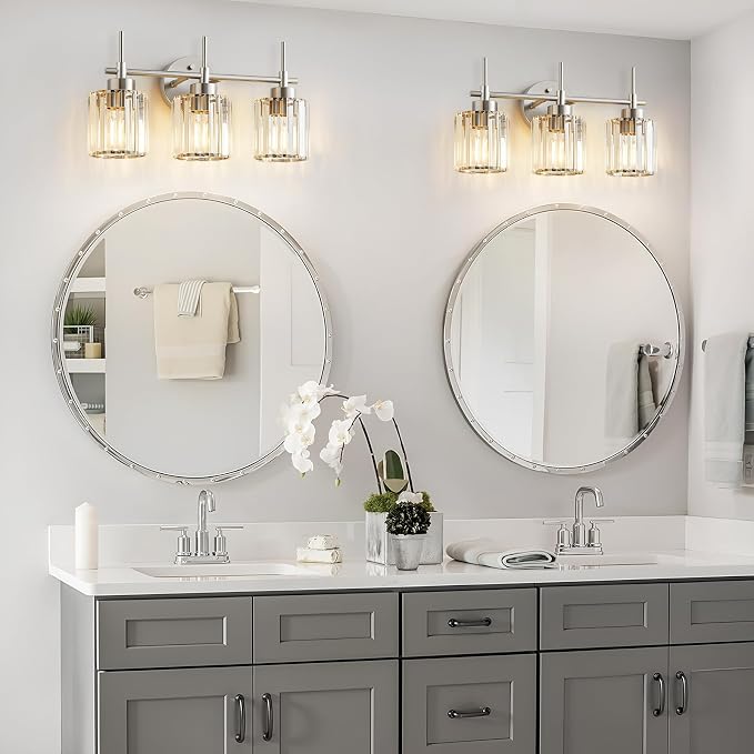 EJIAXIN 3 Light Crystal Bathroom Light Fixtures, Brushed Nickel Vanity Mirror Lights, Crystal Bath Vintage Wall Mounted Lamps Wall Light Fixtures for Bathroom, Living Room