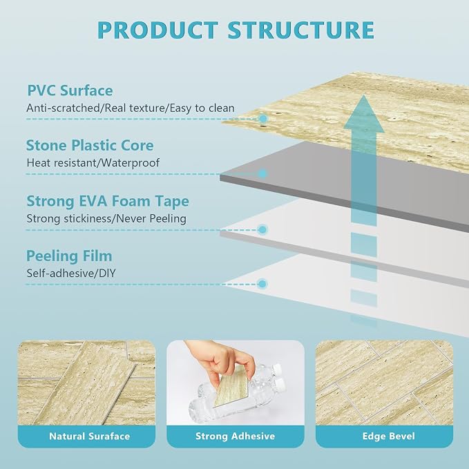 Vamos Tile 100 Pieces Peel and Stick Backsplash Tiles, 3" x 6" PVC Subway Tile, Beige Mix Off White Travertine Stick on Backsplash Tiles for Kitchen/Bathroom/Fireplace/Laundry/Camper