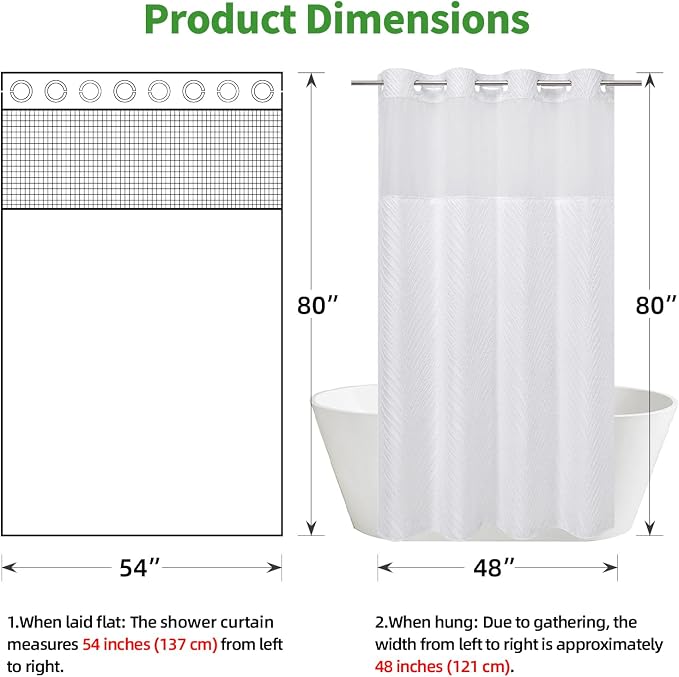 eachope stall no Hook Tufted Shower Curtain with snap in Liner Set, White Waterproof Fabric Inner Liner,Boho Style Shower Curtain with See Through top Window, White, 54Wx80H