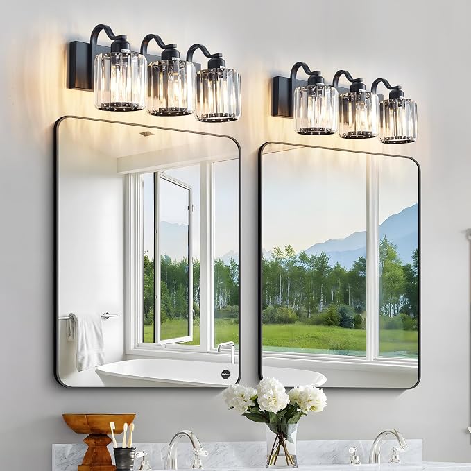 Modern 3-Lights Black Bathroom Vanity Light, Crystal Bathroom Lights Over Mirror, Modern Wall Lighting Fixtures with Crystal Round Shade (Exclude Bulb)