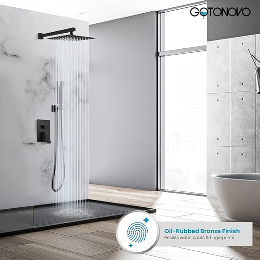 gotonovo Shower Faucet Set with Handheld Spray Oil Rubbed Bronze,12'' Head | SUS304 Rainfall Shower Head and Handle Set System Fixture,Pressure Balance Valve Trim Kit,Single Handle,Wall Mount,All Metal
