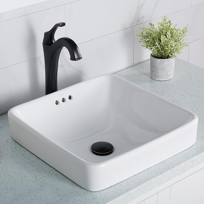 KRAUS Elavo Square Semi-Recessed Vessel White Porcelain Ceramic Bathroom Sink with Overflow, 16 1/2 inch KCR-281