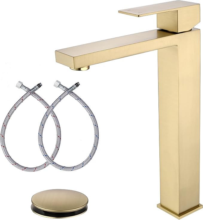 Brushed Gold Vessel Sink Faucet, Tall Bathroom Sink Faucet | Stainless Steel Single Hole Gold Bathroom Faucet, Single Handle Tall Vanity Faucet with Pop Up Drain