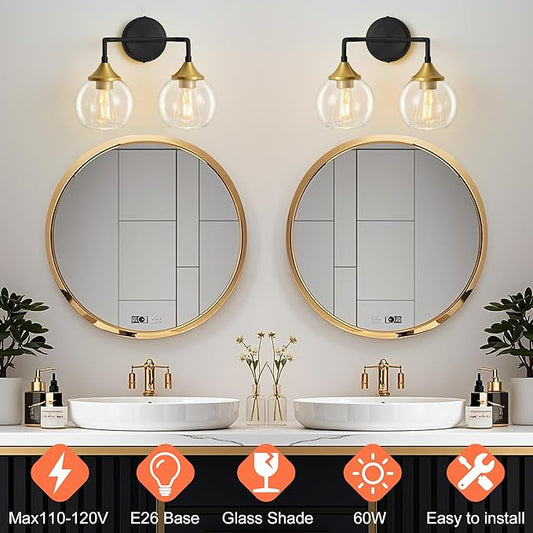 Black and Gold Bathroom Vanity Light with Clear Glass Shade, E26 Base, 2-Light Bathroom Light Fixtures Over Mirror, 14 Inch Vanity Lights for Bathroom (Exclude E26 Bulb)