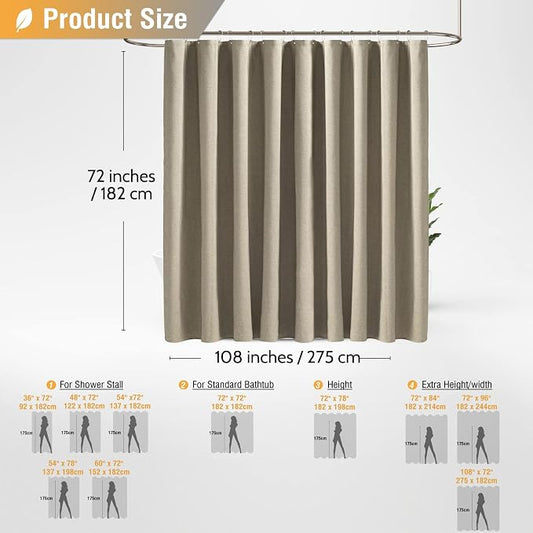 108x72 Wide Linen Textured Waterproof Fabric Shower Curtain, Khaki/Tan | Heavy Duty Polyester Cloth, 18 Plastic Hooks, Elegant Drape, Modern Hotel Style, Bathroom Decor, Machine Washable, Quick-dry