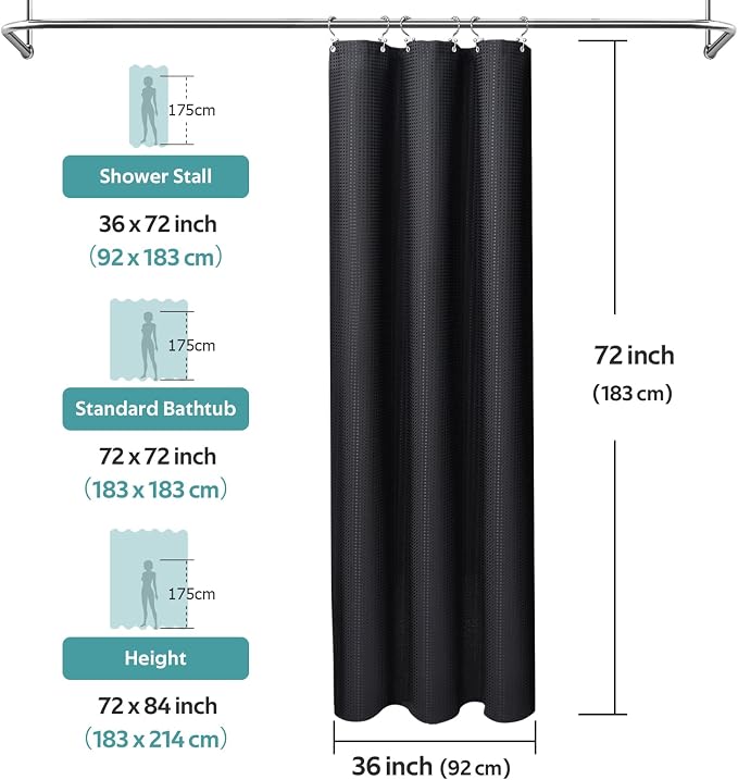 3 in 1 Shower Curtain Set, Waffle Shower Curtain and Liner Set with 6 Double Sided Shower Curtain Hooks, 258GSM Luxury Weighted Cloth Shower Curtain for Shower Stall, 36 W x 72 H, Black
