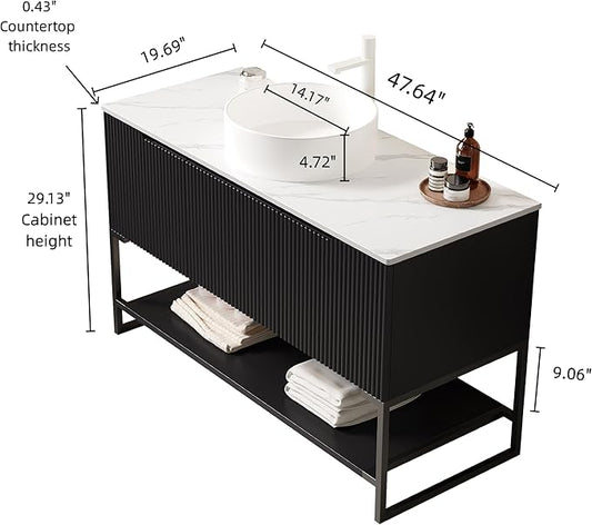 Ambrovina 48" Bathroom Vanity with Sink, Freestanding Bathroom Storage Cabinet with 3 Doors and Open Shelf, White Round Ceramic Basin and Carrara White Sintered Stone Countertop, Gloss Black