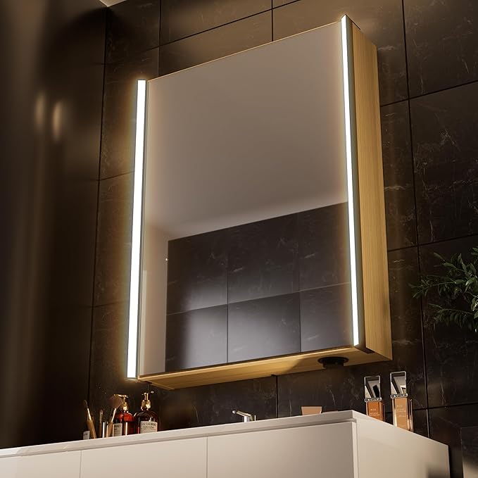 28x20 LED Lighted Bathroom Medicine Mirror Cabinet with Sockets & USBs, Anti-Fog Dimmable Light and Color Adjustment, Easy to Install, Moisture-Resistant Wood, Oak