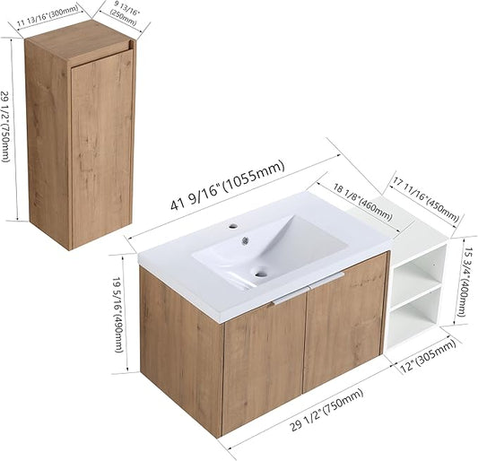 SSLine 42-Inch Single Bathroom Vanity Modern Wall Mounted Bathroom Vanity with Sink 42" Small Floating Bathroom Vanities Set with White Open Storage Shelf & 1 Side Cabinet,Brown White