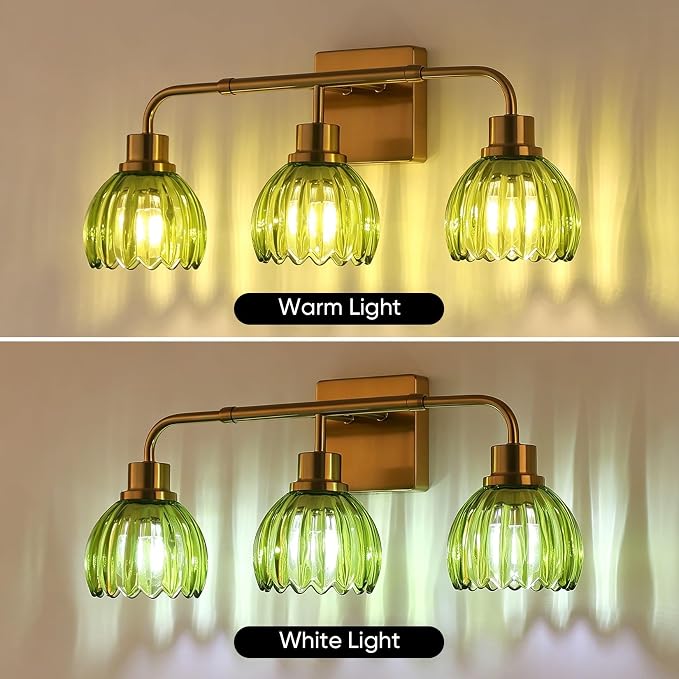 Ralbay Vintage Bathroom Light Fixtures,Gold Bathroom Vanity Light,Matte Antique Brass Finish with Green Crystal Glass Shade,Wall Sconces Lighting for Bedroom,Living Room,Hallway(3-Light)