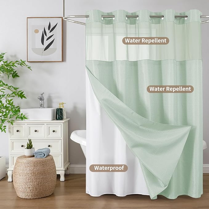 Colorful Star Mint Green No Hook Waffle Shower Curtain Set, 72" W x 75" L | Waterproof Shower Curtain with Snap in Fabric Liner and Mesh Top Window, Hotel Style Heavy Duty Thick Bathroom Curtain