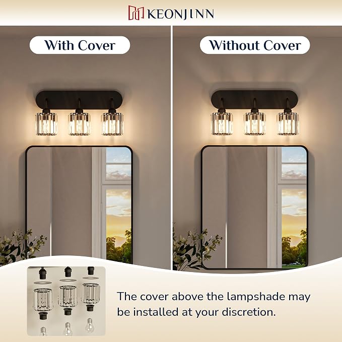 Keonjinn 3-Light Bathroom Light Fixtures Over Mirror, Crystal Black | Vanity Lighting Fixture with Crystal Square Shades, Dimmable, Modern Style, Compatible with E26 Base LED Bulbs (Exclude Bulb)
