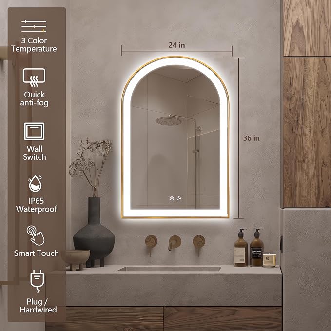 Arched LED Bathroom Mirror, 36"x24" Arch Backlit Vanity Mirror with Lights, Frontlit, Dimmable, 3 Colors, Memory Function, Anti-Fog Smart Mirror, Gold Frame, Shatterproof, UL Listed