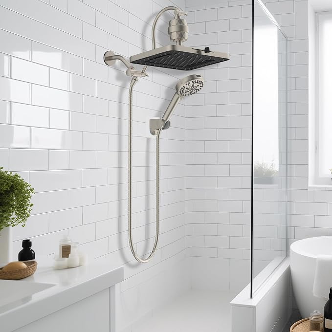 Hibbent 13'' Filtered Shower Head with 10-Spray Handheld, Brushed Nickel | 5 Modes Rainfall Shower Head, High Pressure Showerhead Combo, 20 Stage Shower Filter, 12'' Extension Arm, 71'' Hose & Holder