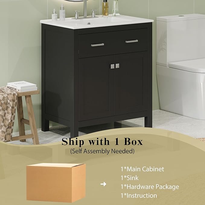 Favfurish 30" Bathroom Vanity with Ceramic Sink,Undermount Single Basin Vanity Set w/1 Flip-Out Drawer and 2 Soft-Close Doors & Adjustable Shelf,Freestanding Storage Cabinet,Solid Wood Frame,Black