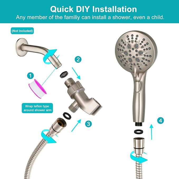 GwernKB Handheld Shower Head with ON OFF Switch & 79in Stainless Steel Hose | Built-in Power Spray,7-mode High Pressure Spray with Bracket & Extra No Drilling Shower Holder for Lower Mount,Brushed Nickel