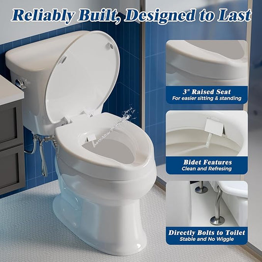 Raised Toilet Seat with Bidet Attachment,Elongated - Non-Electric Bidet with Dual Nozzles - Elevated Toilet Risers for Seniors & Limited Mobility - Easy Install & Clean