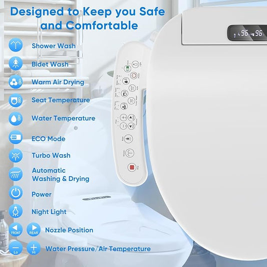 Upgrade Bidet Toilet Seat Elongated, Rear and Feminine Wash, Unlimited Warm Water, Heated Seat, Warm Air Drying, Soft Close Lid, Sense Seat